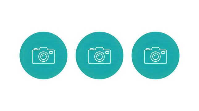 Three identical camera icons inside circular turquoise shapes for digital design use transparent background
