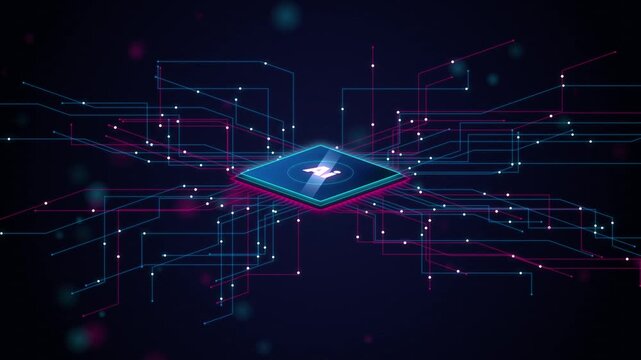 Digital microchip processor with glowing circuit lines transferring data across dark networks