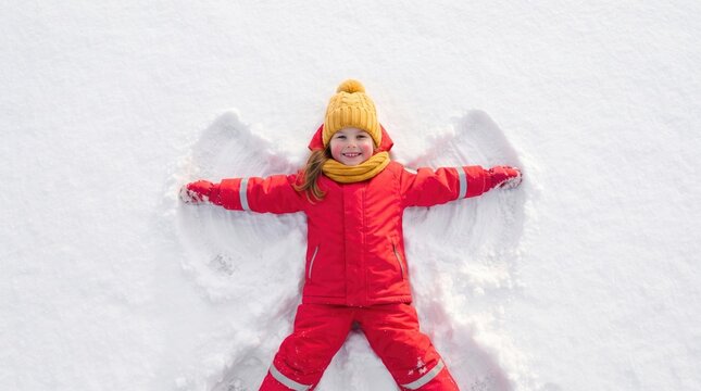 Child making snow angel wearing red snowsuit and winter gear outdoors
