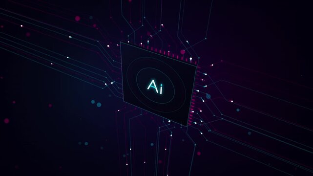 Futuristic microchip processor with glowing circuit board traces and digital data transmission