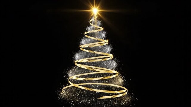 Golden spiral ribbon Christmas tree shape with sparkling particle core against a dark background. Suitable for holiday, greeting, celebration, banner, promotion, project.