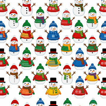 Seamless winter pattern with cute snowmen wearing knitted scarves in sweater stitch style on white background vector