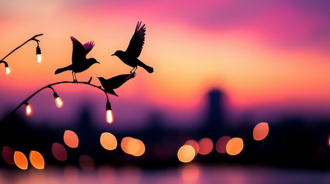 Silhouette of birds on branch at sunset.