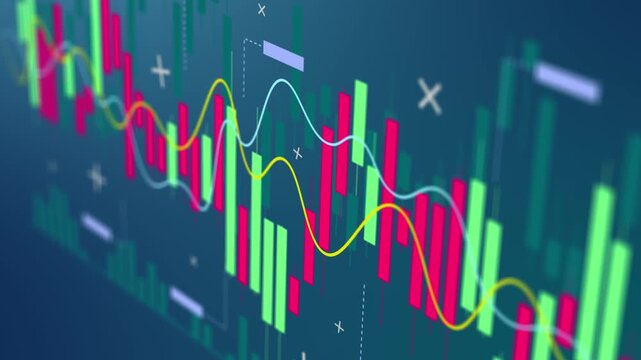 Simple stock market candlestick chart with red and green price bars, trading volume, financial trends and abstract investment analysis dashboard
