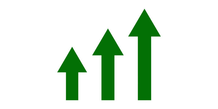 Three vertical upward arrows of increasing size in solid dark green for progress measurement and statistical data analysis charts.