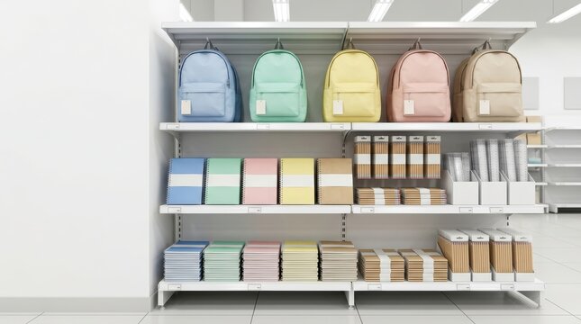School supplies retail display with backpacks notebooks pencils and rulers