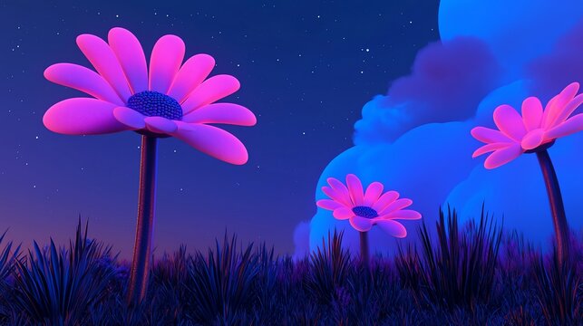 Neon pink flowers glowing at night.