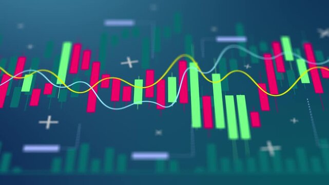Simple stock market candlestick chart with red and green price bars, trading volume, financial trends and abstract investment analysis dashboard