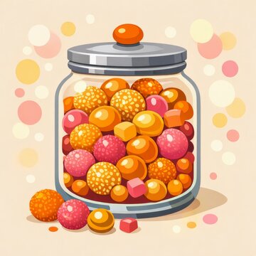 Glass jar filled with colorful round candies and sweets for confectionery packaging background and dessert shop poster design
