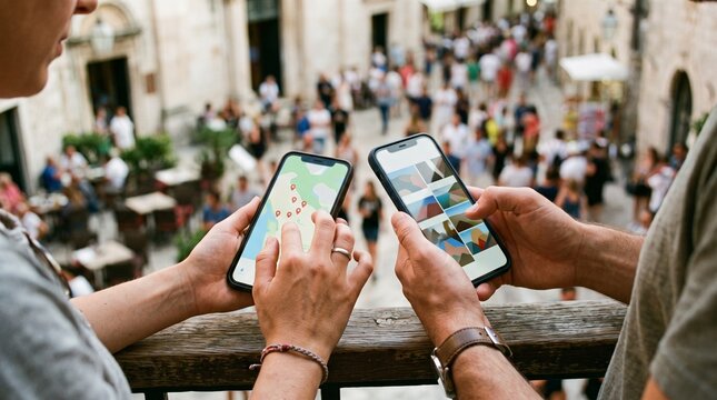 Couple using smartphones to navigate and view photos in a crowded European city street
