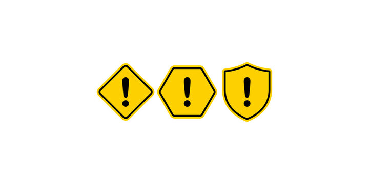 Warning alert signs in geometric shapes including rhombus hexagon and shield with exclamation marks.