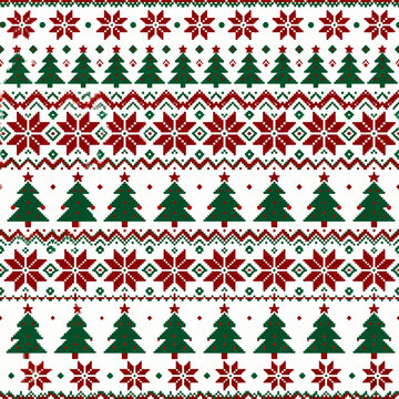 Vintage Fair Isle Christmas grid pattern with knitted stars and trees on white background vector