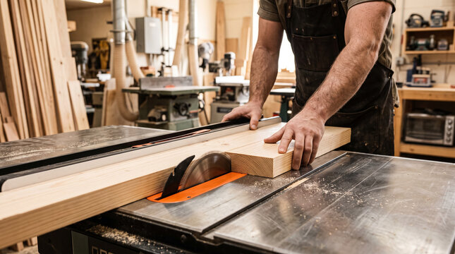 Woodworker cutting a long timber plank on a table saw while holding the material securely with both hands, performing precision carpentry inside a professional workshop, woodworking tools, carpenter, 