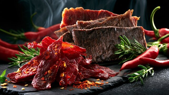 A colorful delicious jerky snack composition featuring spicy red pepper jerky, traditional beef jerky and lighter turkey jerky arranged together with vibrant chili peppers and fresh herbs