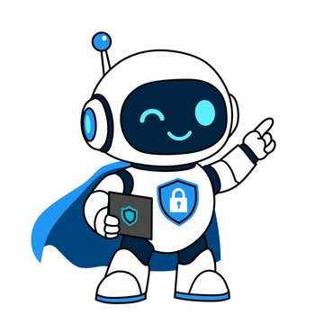 Cute cybersecurity robot superhero protecting digital data with a shield and security card, representing online privacy and cyber protection