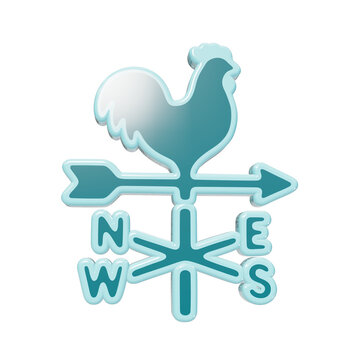 3D teal weathervane icon with rooster silhouette, directional arrow, and compass letters n, e, w, s isolated on black background