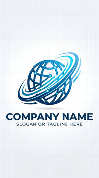 Blue digital globe logo icon with tech lines and network connection nodes