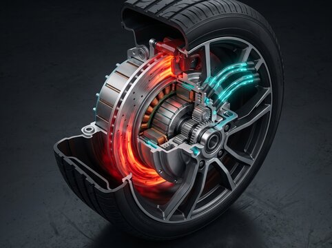 Cutaway of Electric Vehicle Tire Showing In Wheel Motor