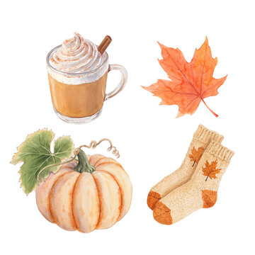 Cozy Autumn Watercolor Clipart Set - Pumpkin Spice Latte, Maple Leaf, Pumpkin and Knitted Socks