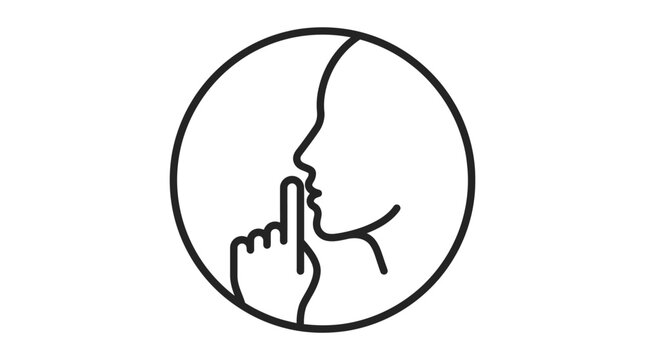 Minimalist vector illustration showing silhouette of person making silence gesture with finger inside simple circle for modern design project branding