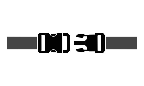 Buckle icon showing two parts of a safety clasp about to connect with webbing straps on a white background. Safety and protection concept