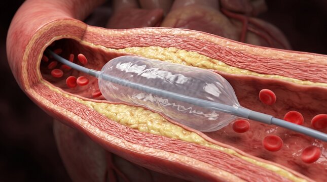 3D medical illustration of balloon angioplasty opening a blocked artery restricted by fatty plaque deposits