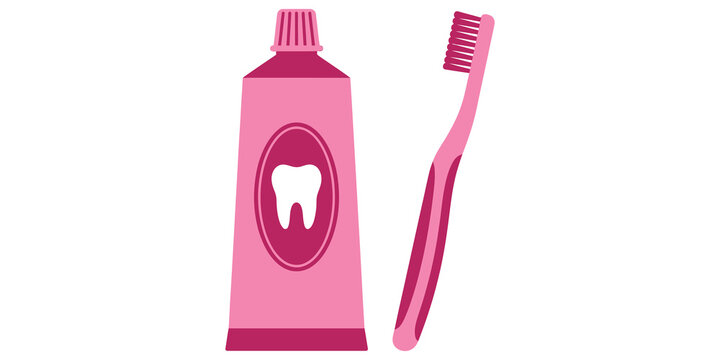 Pink toothpaste tube and toothbrush set for daily dental hygiene and oral care routine.
