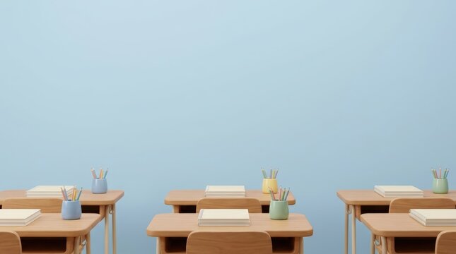 Simple classroom desks with books and colored pencils against blue wall