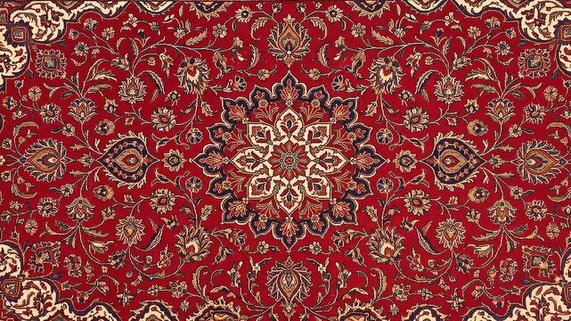 Red oriental carpet with ornate floral medallion pattern. Traditional persian rug texture with intricate ornaments.