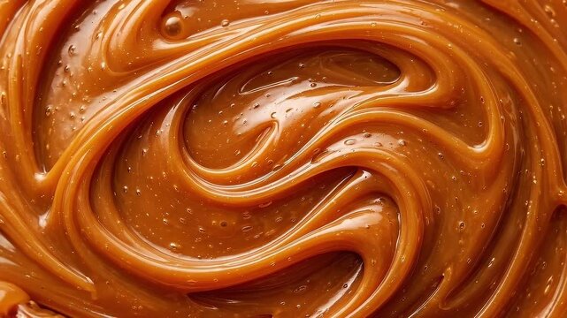 Swirling melted caramel sauce texture close up. Glossy golden toffee liquid with bubbles flowing and rotating.