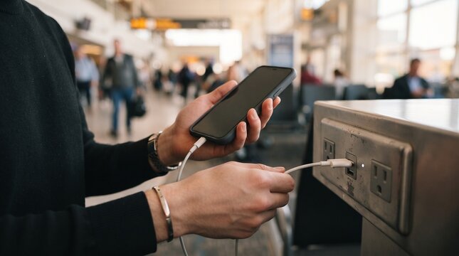 Man charging smartphone at airport public charging station with USB and power outlets