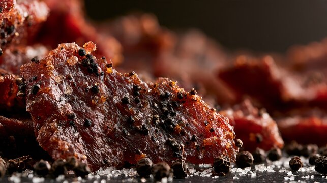 A macro delicious jerky image emphasizing a heavily peppered surface, coarse black pepper embedded into the meat and tiny salt crystals catching the light, dark neutral background
