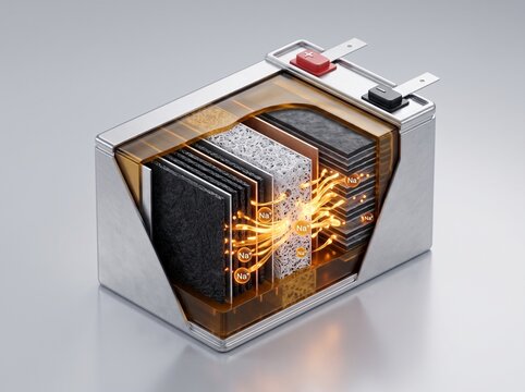 Cross Section of Solid State Battery With Glowing Particles