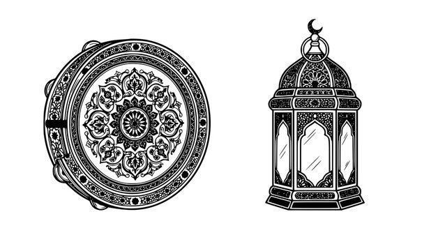 Title: Islamic Daf Drum and Decorative Ramadan Lantern Vector