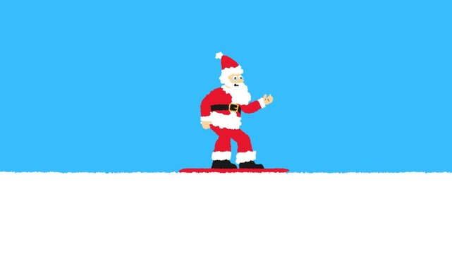 Horizontal 4K video. Cartoon New Year animation. Santa Claus with white beard, red Christmas hat jumps on snowboard over snow mountain, waves hello. Snowboarder performs trick over hill. Athlete won