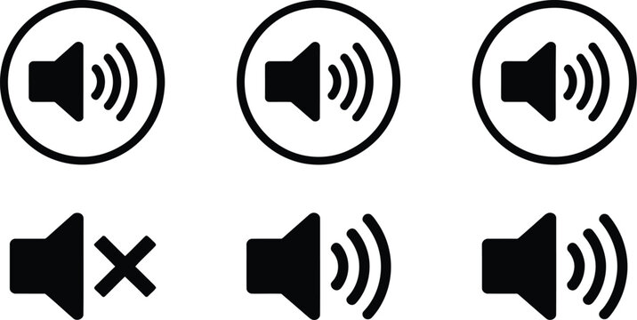 No speaker, sound icons, red and green circle symbols featuring volume mute, unmute buttons, silence warnings, and audio control indicators