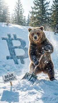Bear with a shovel digging in a snowy landscape next to a bear market sign with a bitcoin symbol in the background. The scene humorously represents market trends. Image made using Generative AI.