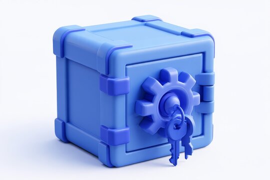 3D cyber security safe box with keys and lock combination dial isolated on white background. Minimal matte claymorphism cold storage asset.