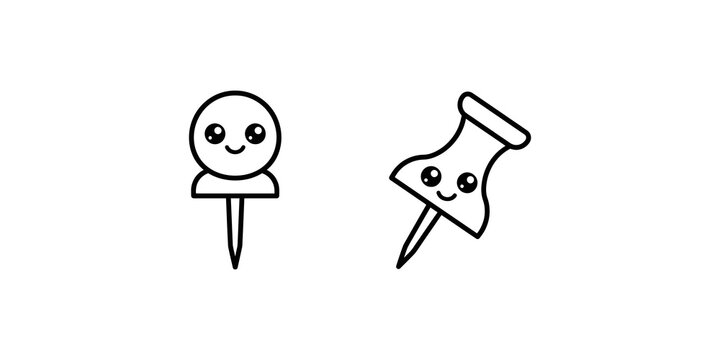 Cute push pin character icons with smiley faces in black line art style.