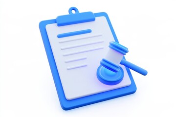 Obraz premium 3D clipboard contract document with a judge gavel icon isolated on white background. Minimal matte claymorphism legal law policy concept.