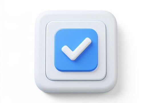 3D blue checkmark square button icon isolated on white background. Minimal matte claymorphism style approval verification success sign.