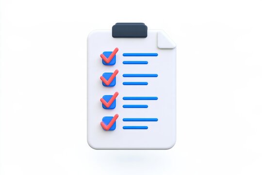 3D clipboard checklist icon with checkmarks isolated on white background. Minimal matte claymorphism style project task management plan.