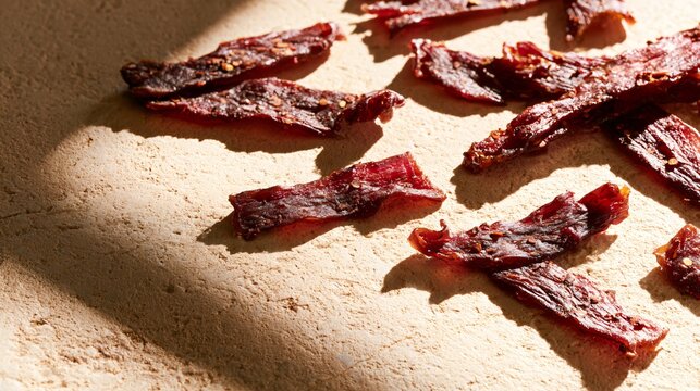 A premium food advertising composition featuring delicious beef jerky strips scattered naturally across a warm beige stone surface, several pieces showing glossy caramelized edges and visible pepper