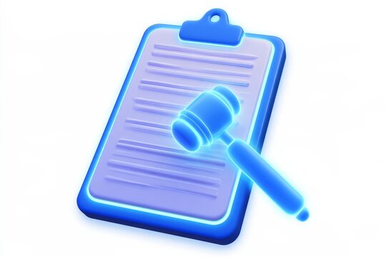 3D clipboard contract document with a judge gavel icon isolated on white background. Minimal matte claymorphism legal law policy concept.