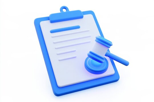 3D clipboard contract document with a judge gavel icon isolated on white background. Minimal matte claymorphism legal law policy concept.