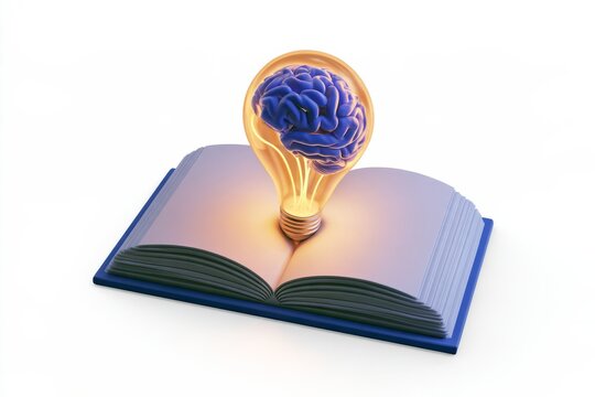 3D open book with a glowing brain lightbulb icon on gray background. Premium frosted glassmorphism style artificial intelligence AI concept.