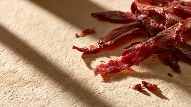 A premium food advertising composition featuring delicious beef jerky strips scattered naturally across a warm beige stone surface, several pieces showing glossy caramelized edges and visible pepper