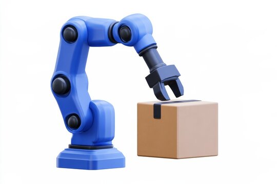 3D industrial robotic arm manipulator lifting a cardboard box isolated on white background. Minimal matte style warehouse automation tech.
