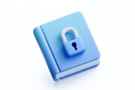 3D blue locked book notebook icon with a padlock isolated on white background. Minimal matte claymorphism data privacy law information.