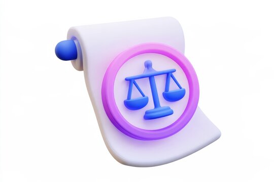 3D law scroll document with justice scales balance icon isolated on white background. Minimal matte claymorphism legal policy agreement.